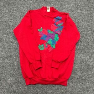 LAPS Sweatshirt Womens Size S Red Mock Neck Floral Fruit Graphic Vintage 90s